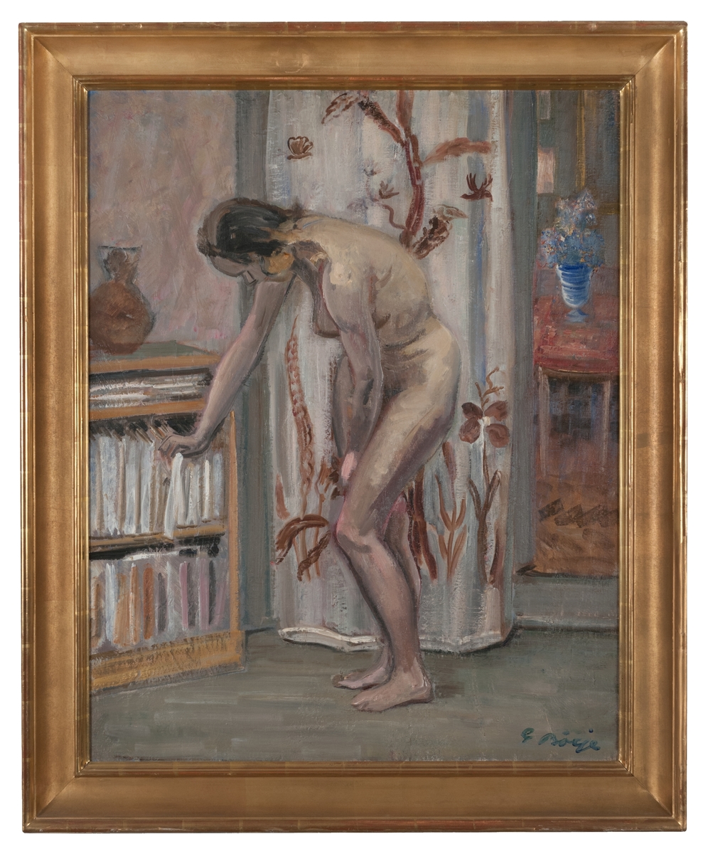 Målning av konstnär Gideon Börje, "Interiör med modell", målad 1929. 
Signerad "Börje" i nedre högra hörnet.
Monterad i förgylld originalram.