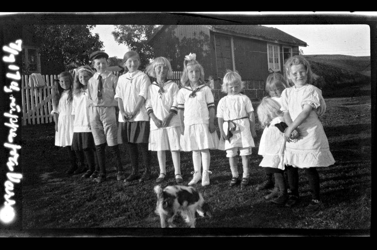 Jenter og gutter står sammen foran et hus, Vasser. Fotografert 1917.