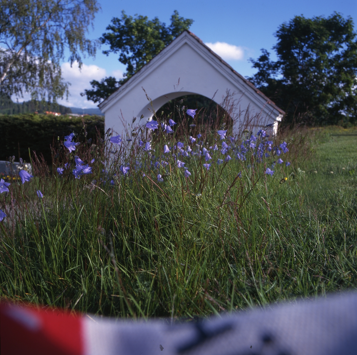 Portal på kyrkogården i Rengsjö. Det är sommar och blåklockor blommar i förgrunden.