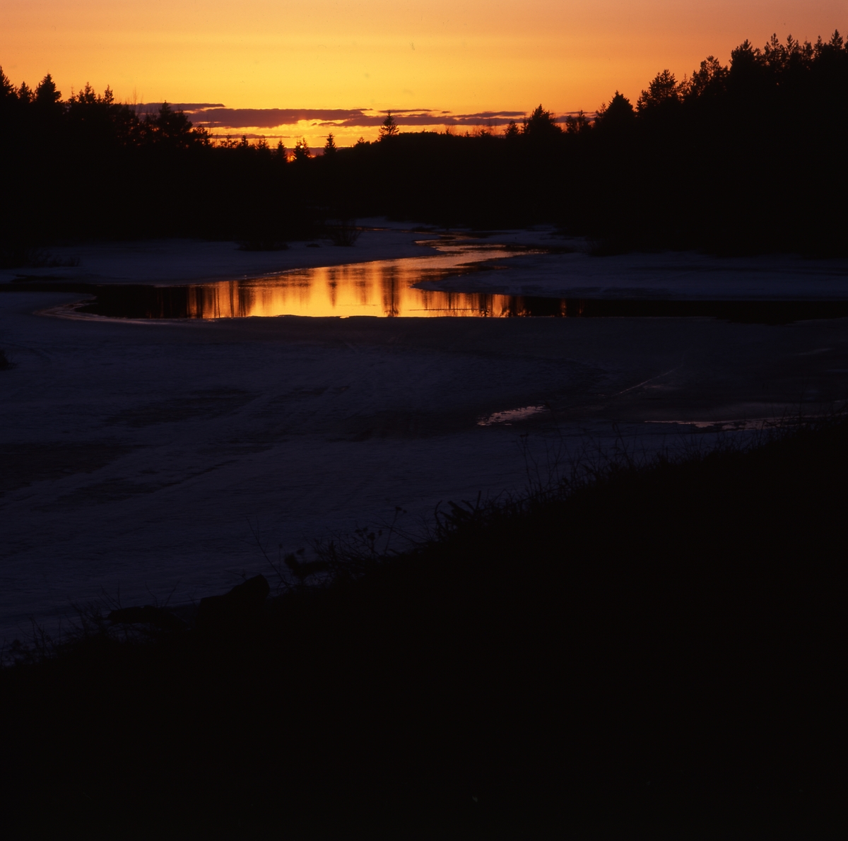 Solnedgång över skog och vatten mellan Tegeltjär och Skästra 22 april 2001.