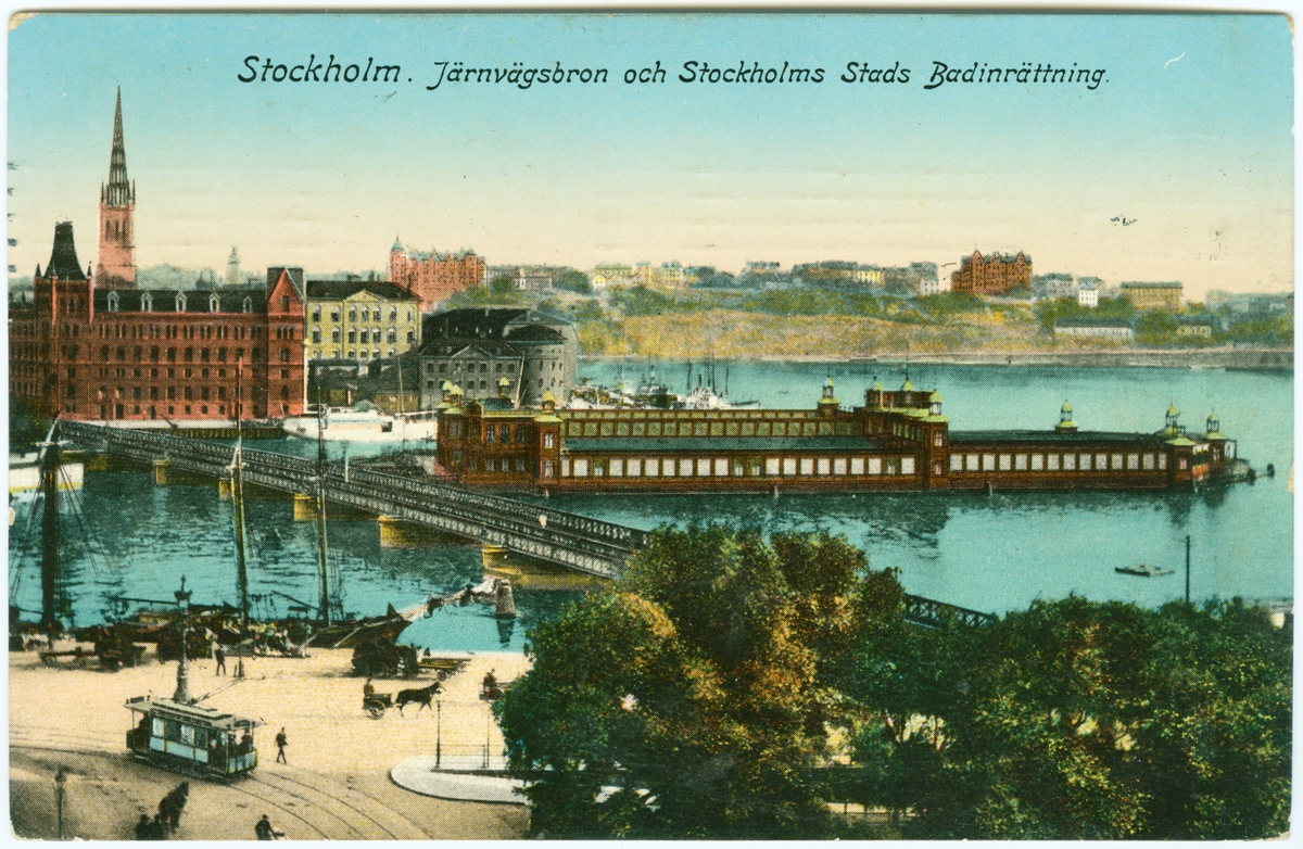 Vykort, Stockholm. "Järnvägsbron och Stockholms Stads Badinrättning."