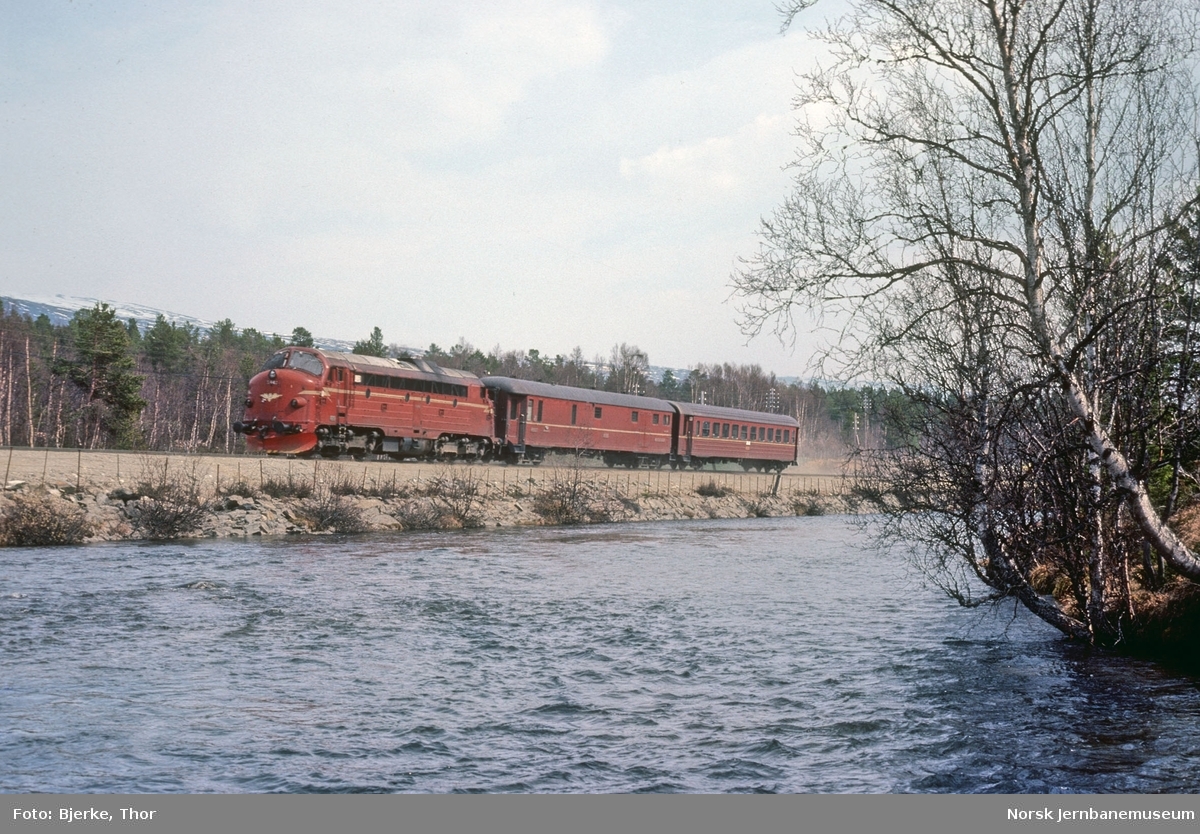 Vestgående hurtigtog 353 Dombås-Åndalsnes trukket av diesellokomotiv Di 3 642 mellom Lesjaskog og Bjorli