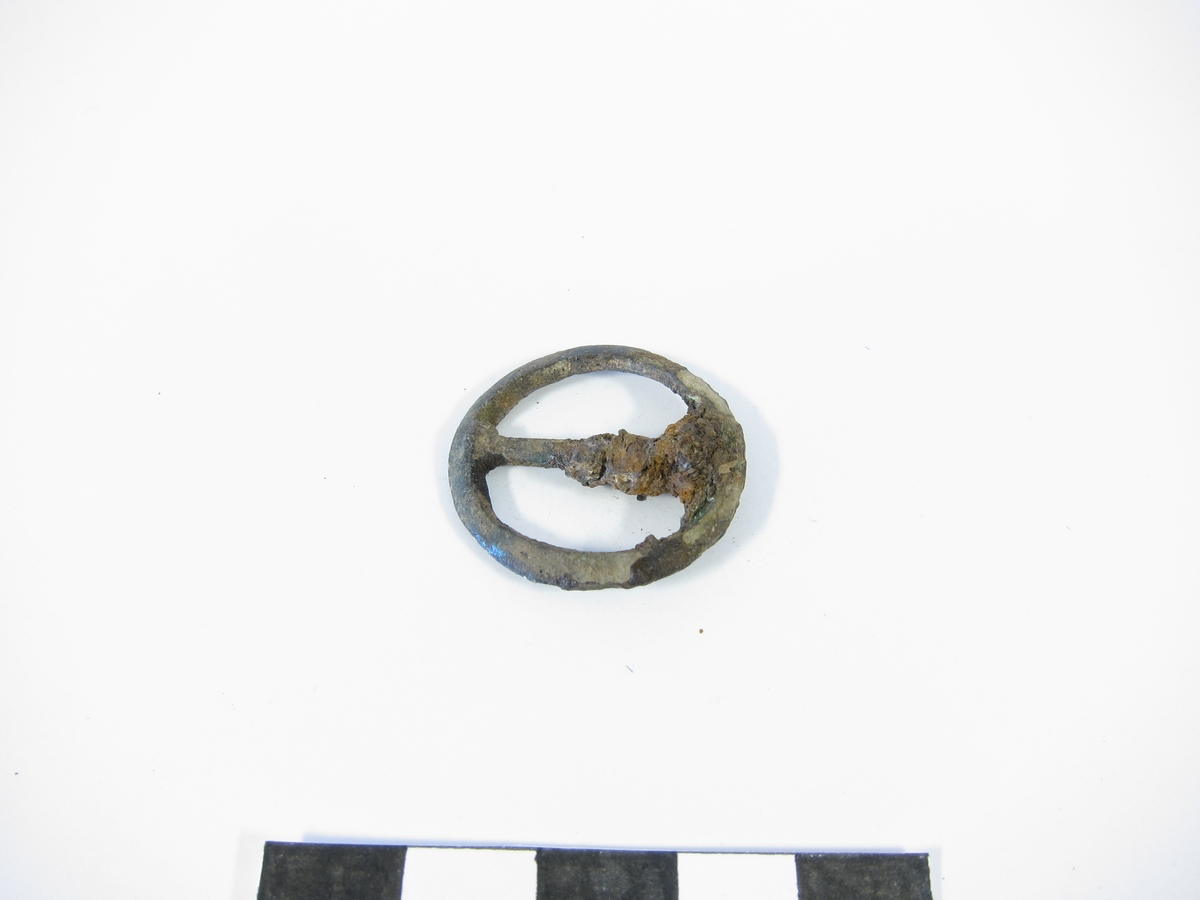Rund dubbelsölja av brons med inre skråkant. Rundad mittaxel med en rostklump som troligen en rest av tornen.