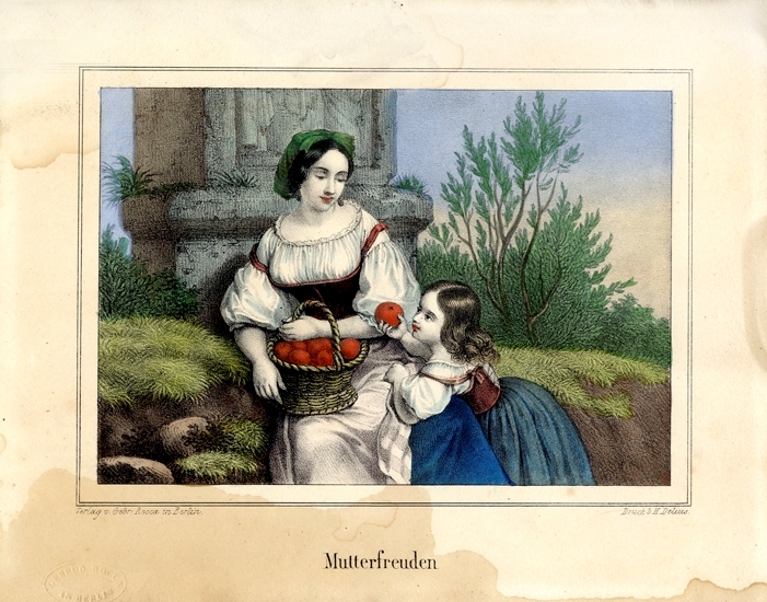 Litografi.
"Mutterfreuden" (Modersglädje).
Scen med mor med äppelkorg och en liten dotter som tar ett äpple.