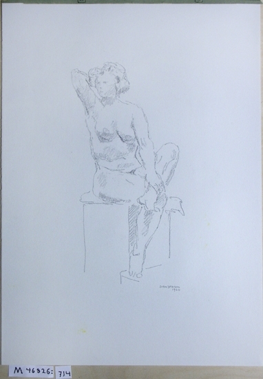 Kolteckning.
Nakenstudie av sittande kvinna.
Signerad 1960. 

Inskrivet i huvudbok 1985.
Montering/Ram: Ej inramad