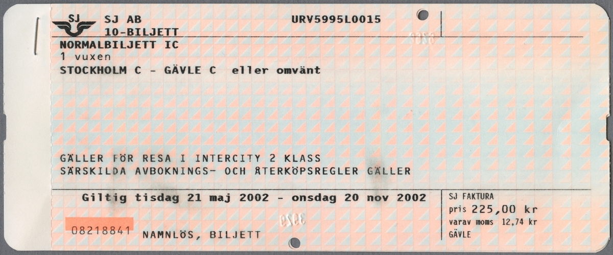 Två tvåfärgade ihophäftade pappersbiljetter, där den övre har följande tryckta text:
"SJ AB 10-BILJETT NORMALBILJETT IC 1 vuxen
STOCKHOLM C - GÄVLE C eller omvänt
GÄLLER FÖR RESA I INTERCITY 2 KLASS
SÄRSKILDA AVBOKNINGS- OCH ÅTERKÖPSREGLER GÄLLER
Giltig tisdag 21 maj 2002 - onsdag 20 nov 2002
NAMNLÖS, BILJETT
SJ FAKTURA pris 225,00 kr varav moms  12,74 kr GÄVLE".
Den undre biljetten har följande text:
"SJ AB BILJETT
STOCKHOLM C -GÄVLE C NORMALBILJETT
FULLT ÅTERKÖP VID AVBOKNING FÖRE AVGÅNGSTID DÄREFTER 75% ÅTERKÖPS-/BYTESVÄRDE
1 vuxen 10-BILJETT Gäller endast med 10-biljett
STOCKHOLM C - GÄVLE C InterCity 2 kl SJ AB
Avgång 17.25 Ankomst 19.03 Tåg 898 Vagn 13 Plats 104 PLATS MED BORD GÅNG RÖKFRITT
Giltig måndag 27 maj 2002".
Bägge biljetter har SJ's logga, vingarna med initialerna ovanför tryckt i övre vänstra hörnen. De är svagt blå- och rosafärgade, med mönster bestående av trianglar. Det finns två hål efter biljettång på vardera biljett. På baksidorna finns regler/bestämmelser för biljetterna.

Historik: 10-biljett är giltig i 6 månader och kan användas vid 10 enkla resor i valfri riktning.