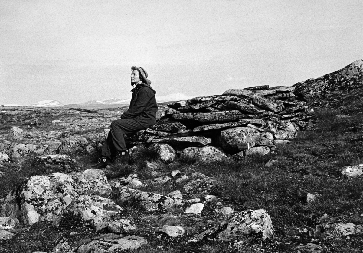 Sonja Barth (1923-2016), fotografert på en oppmurt steinkonstruksjon cirka 200 meter nord for utløpet av Råkvatnet i Lom, om lag 1 360 meter over havet.  Dette var en lokalitet Sonja og Edvard K. Barth oppsøkte i 1980 som ledd i sitt arbeid med å oppspore kulturminner knyttet til falkefangst i Norge.  Rolv K. Øygard hadde omtalt stedet som ei «falkefangerhytte» i en artikkel i Dølaringens årbok fra 1931.  Seinere var stedet nevnt i flere andre presentasjoner av slike tradisjoner, og kunstneren Trygve Håkenstad fra Vågå hadde også tegnet anlegget.  Det var også satt opp et skilt ved siden av den murte konstruksjonen som knyttet den til falkefangfsten.  Det dreier seg om et trangt, tørrmurt anlegg som det så vidt lar seg gjøre for en voksen mann å krype inn i.    Sonja og Edvard K. Barth hadde i løpet av 1970-åpra undersøkt flere falkefangstanlegg, og Edvard var svært skeptisk til om dette virkelig kunne være et slikt anlegg.  Bakpå kopien av dette fotografiet hadde han – stadig i 1980 – notert følgende:  

«Umulig å tenke seg at denne bua har hatt tilknytning til falkefangst.  Som oppholdsbu er den også lite egnet, men må vel ha vært en form for krypinn (for rypefangere el. fiskere).  Ytters ubekvem (liten og lav).  Klarte så vidt å sko meg inn med bena først.  Kan ikke snu seg inni bua annet enn med rullende bevegelser.  Plakat om fangsthyttene (oppsatt av Håkenstad).»

I en artikkel Barth publiserte om falkefangstanlegg i 1984 vurderer han også en annen bruk, nemlig fuglefangst ved hjelp av hendene.  Han refererte til noe han kjente som en amerikansk tradisjon, der fangeren lå gjemt inne i ei slik hytte med ei levende lokkedue i snor foran seg.  Når rovfuglen slo ned på dua, kunne fangstmannen langsomt trekke fuglene mot seg, inntil han kunne gripe den i angripende i beina og fange den.  Liknende fansttradisjoner skal ha forekommet i Norge, men heller knyttet til ørn enn til falk.  Barth drøfter også muligheten for at en fangstmann kan ha ligget skjult i denne «hytta» med ei snor som kunne utløse et slagnett et stykke unna.  Også denne muligheten avviser Barth, dels med henvisning til at det var for trangt inne i hytta til at fangsmannen kunne operere slike snorer, dels fordi et beliggenheten ikke gjorde hytta til noe godt observasjonssted for falkefangst.  Han ble i stedet stående ved at denne murte overbygningen i høyden kunne ha vært overnattingssted for falkefangere.  Ei langt mer troverdig tuft knyttet til falkefangst fant Sonja og Edvard Barth om lag 800 meter sørsørvest for Råkåvatnet (jfr. SJF-F.008005)