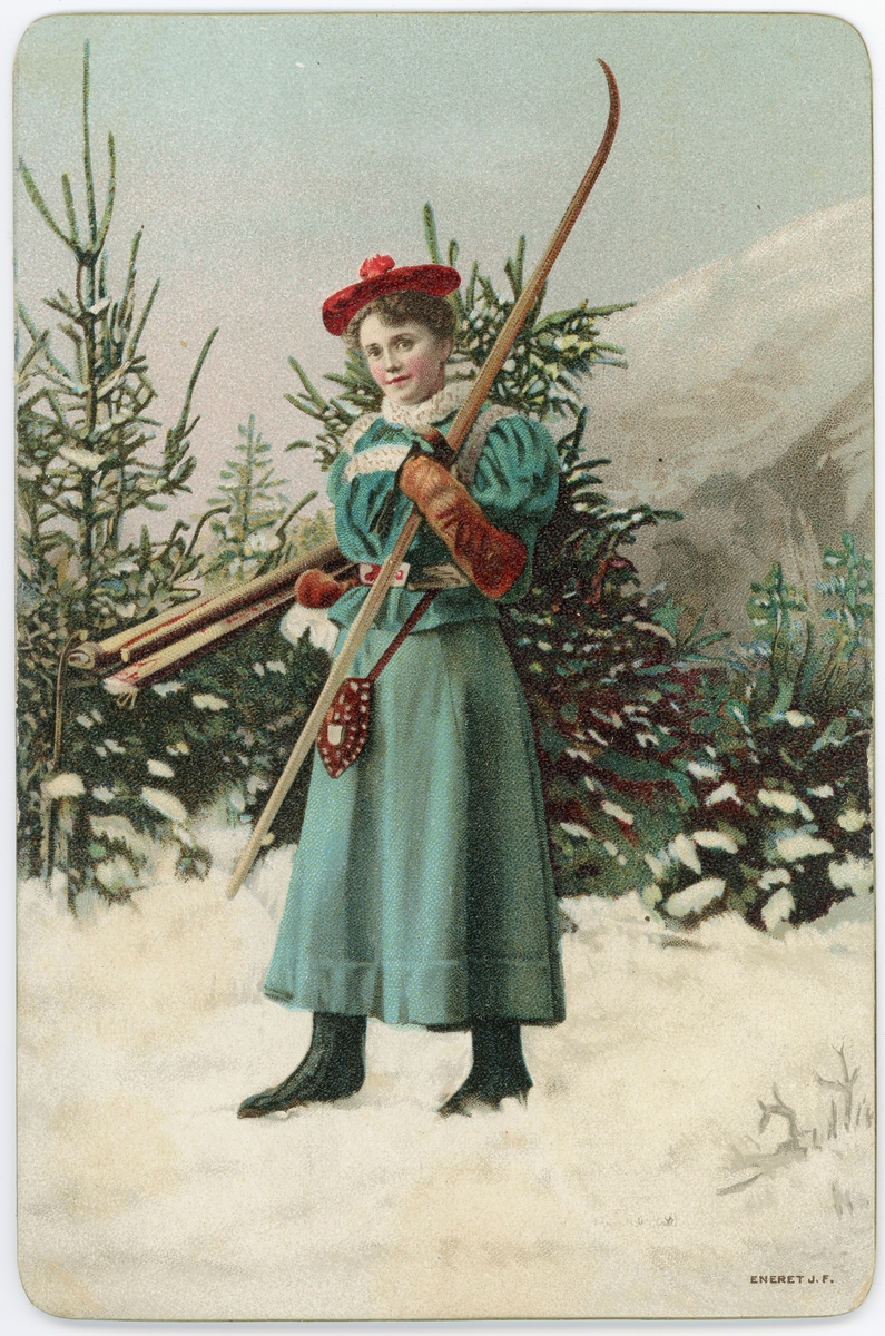 Postkort. Motivet på kortets fremside viser en jente med ski i vinterlandskap.