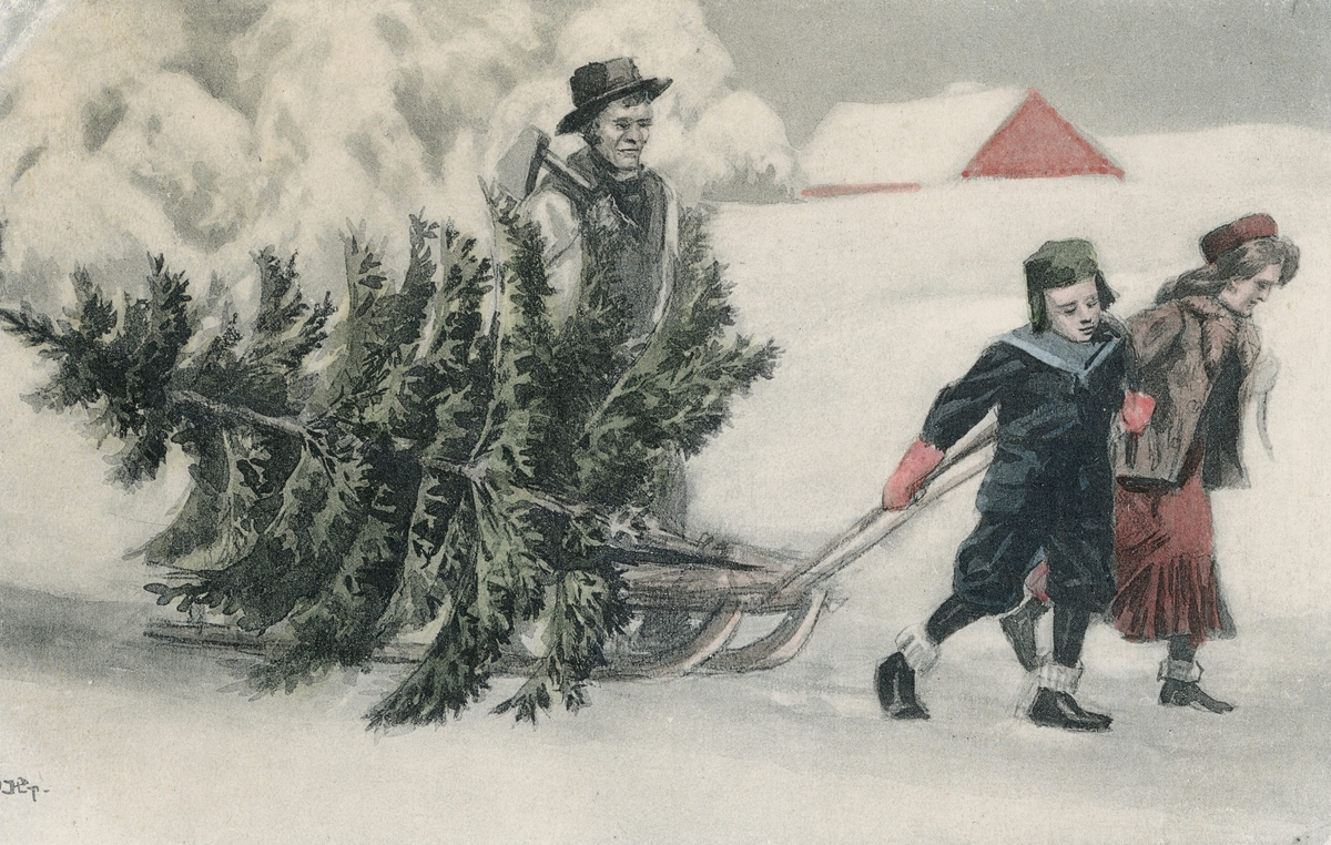 Postkort. Motivet på kortets fremside viser en gutt og ei jente som drar en kjelke med juletre etter seg. En voksen mann går ved siden av kjelken med øks på skulderen.
