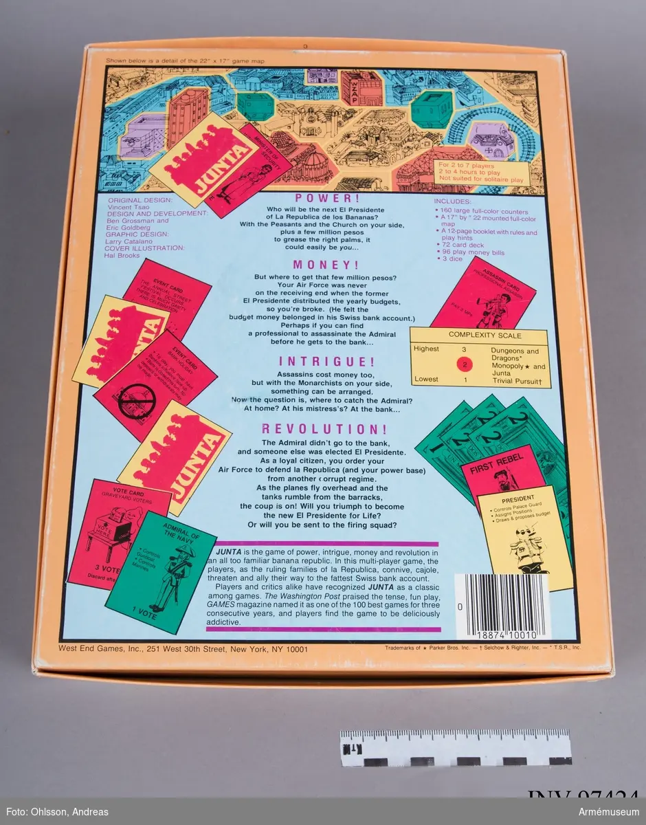 Spelet består av en spelplan som föreställer en fiktiv stad, cirka 60 spelkort, en bunt med fiktiva sedlar, två plastpåsar med sammanlagt omkring 150 fyrkantiga spelmarkeringar i papp i blandade färger, samt ett häfte och ett löst blad med spelinstruktioner. Spelkartongen innehåller även ett kuvert med ytterligare en spelplan, instruktionshäften, spelkort, fiktiva sedlar, samt en tändsticksask med spelmarkeringar.