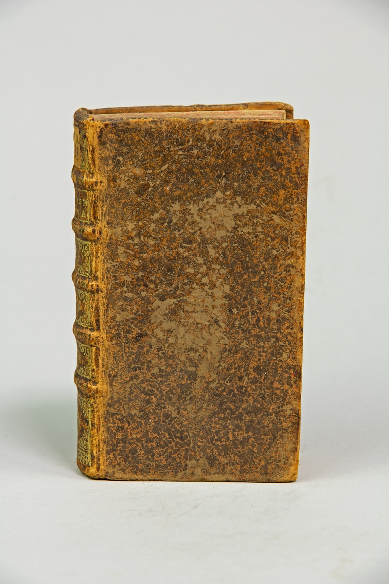 Bok, helfranskt band, "Il nipotismo di Roma", tryckt 1667. 
Skinnband med blindpressad och guldornerad rygg i fyra upphöjda bind, titelfält med blindpressad titel samt påklistrad pappersetikett. Gulddekor även på bandet smalsidor. Med rödstänkt snitt.