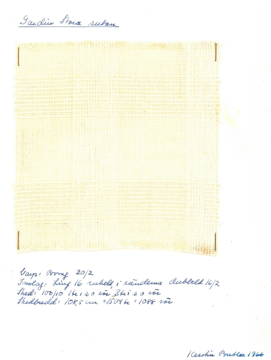 Pärm med vävprover till gardiner.
Gardin "Stora rutan"
Formgivare: Kerstin Butler 1961-1969
