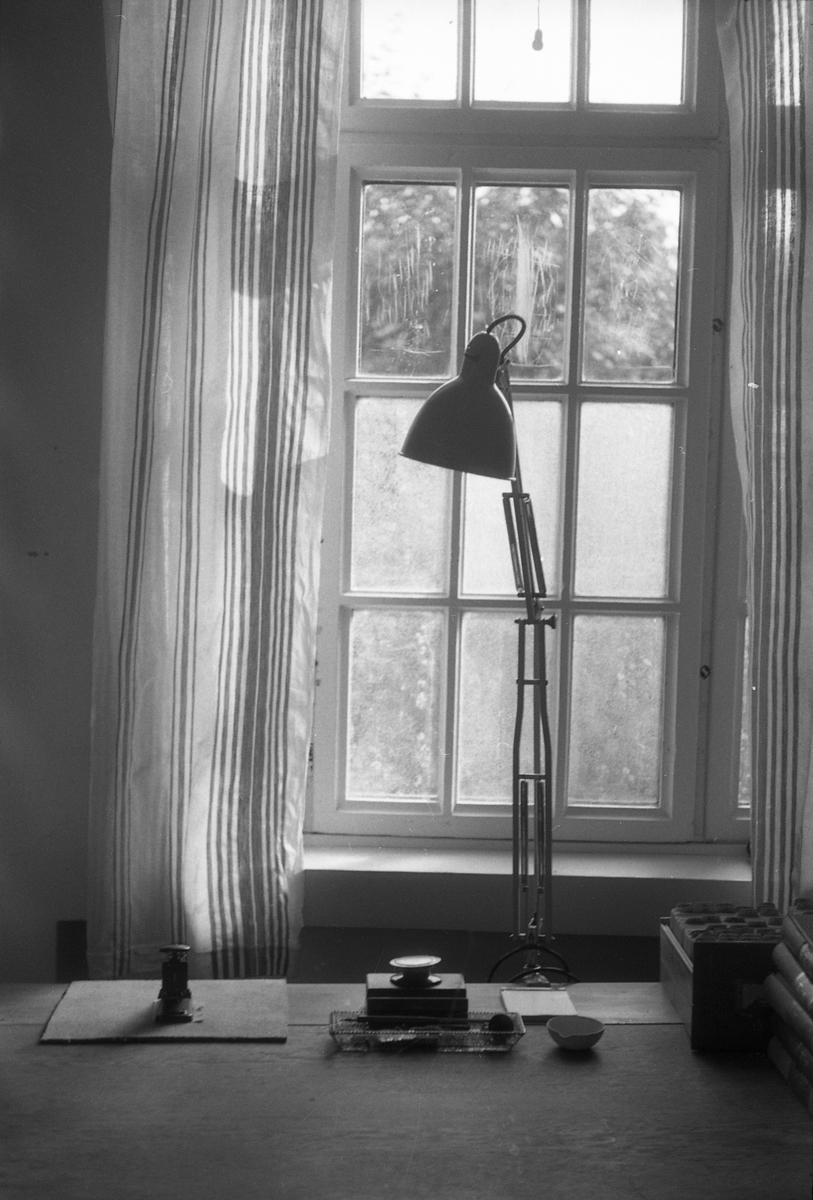 Skrivebord med lampe foran et vindu.