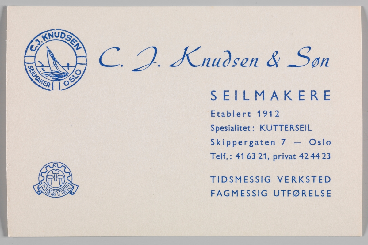 Visittkort for seilmaker C. J. Knudsen & Søn.