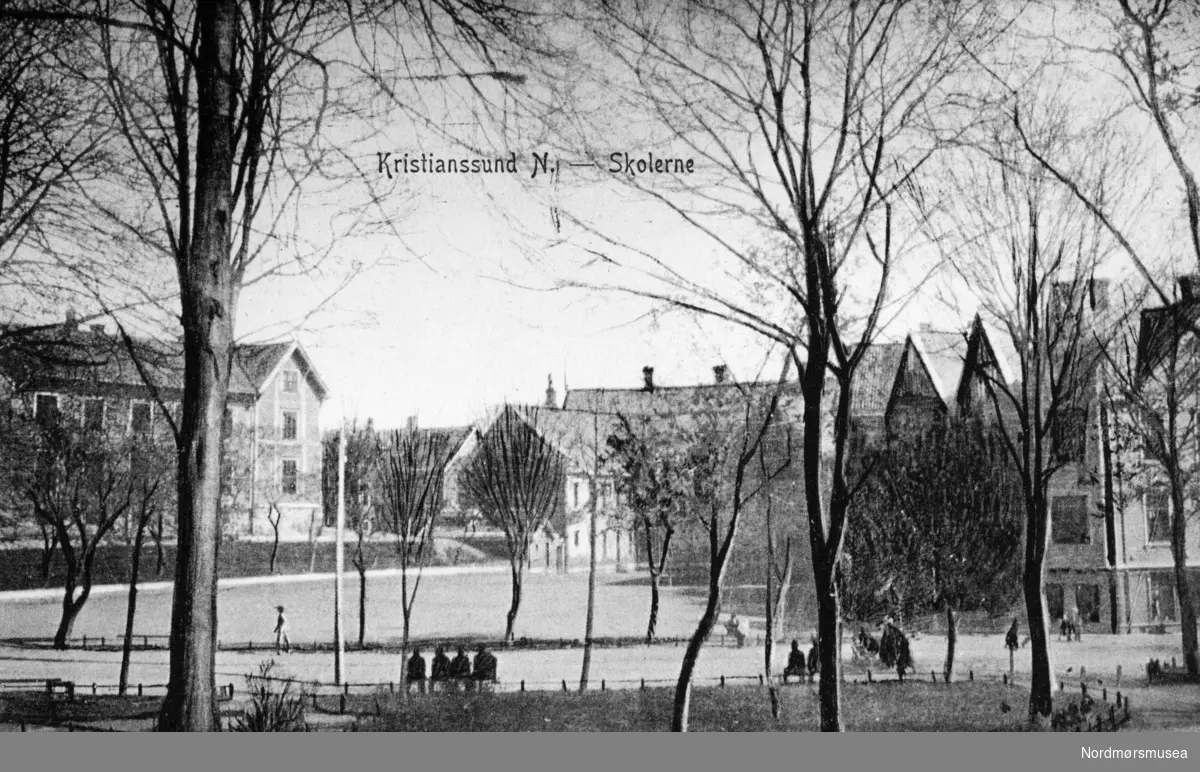 Postkort med motiv fra parken på Kirkelandet i Kristiansund. Fra Nordmøre museums fotosamlinger.