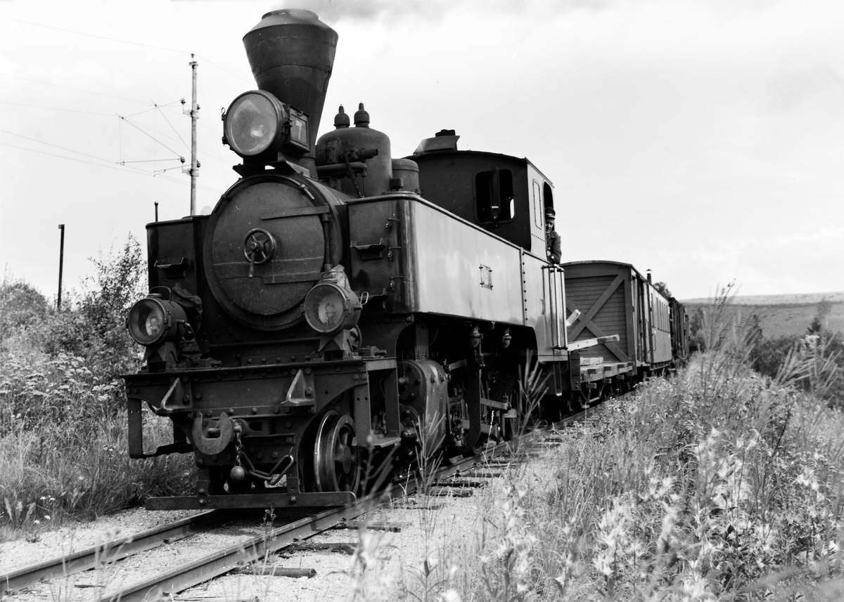 Damplokomotiv type XXIXb nr. 7 Prydz med oppsamlingstog etter Aurskog-Hølandbanens nedleggelse, her mellom Bingsfoss og Sørumsand.