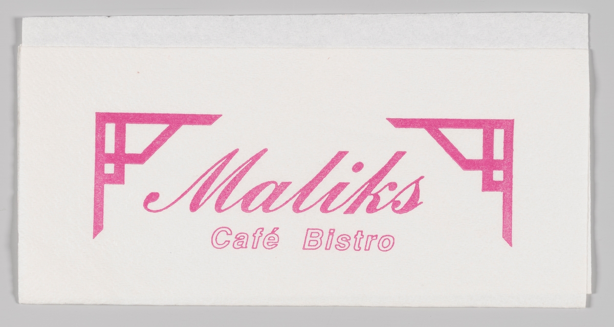 Stiliserte japansk inspirerte bærebjelker og reklametekst for Maliks Cafè og Bistro.

Reklame for samme firma på MIA.00007-004-0247.
Maliks kafè er en internasjonal kjede av kafeer som også har kafeer i Norge.