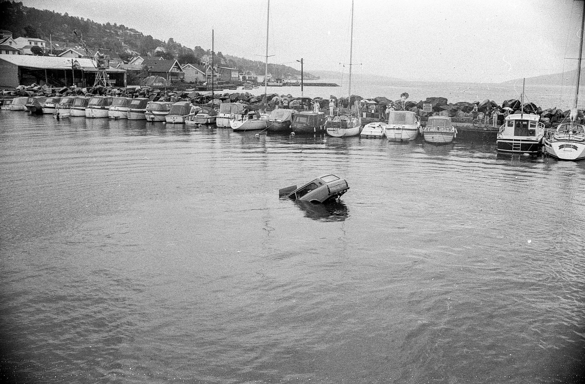 Bil ut i vannet i Drøbak båthavn. Øvelse med Frogn brannvesen og politi. Mange tilskuere med paraply.