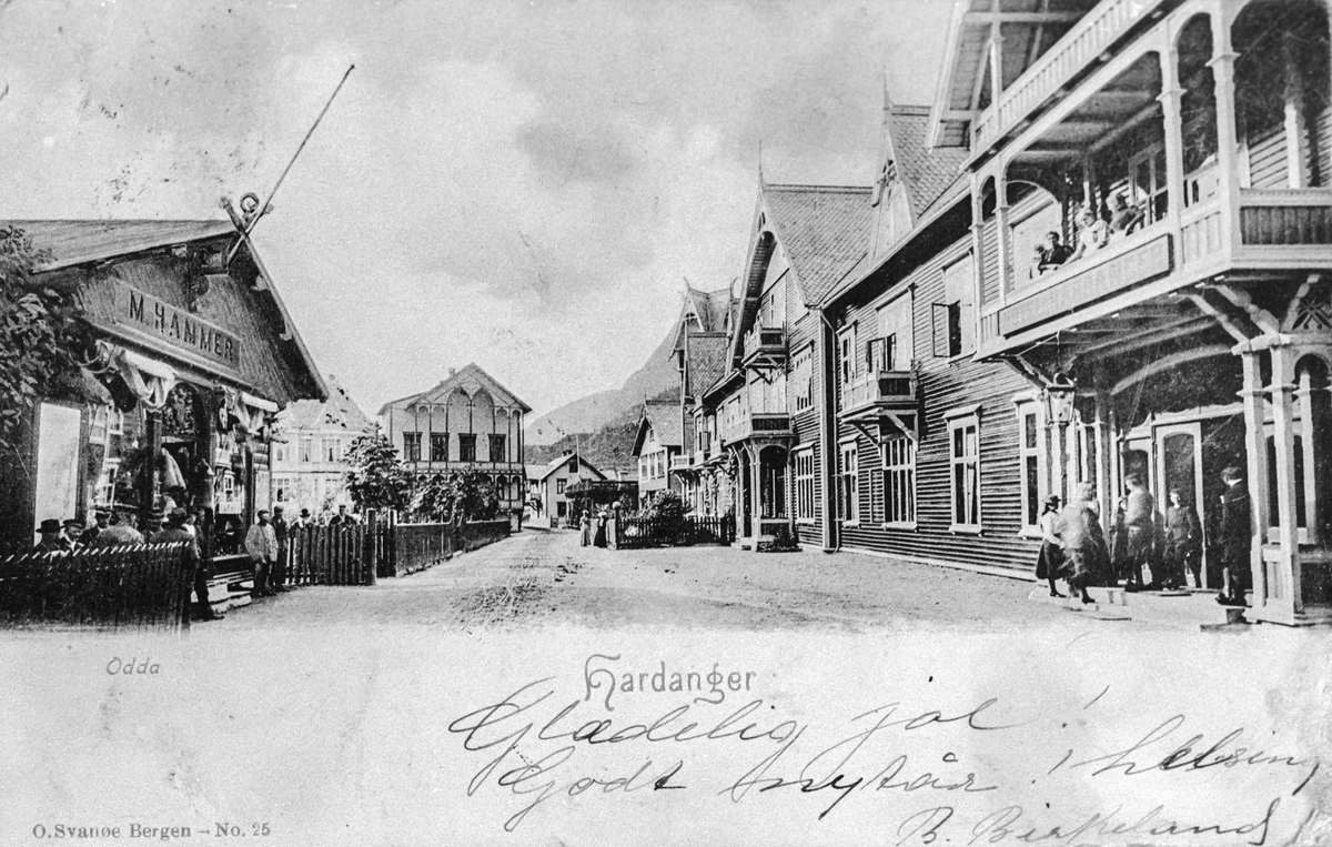 Postkort med motiv frå Almerket. Hammerhytta til venstre, Hotel Hardanger til høgre.