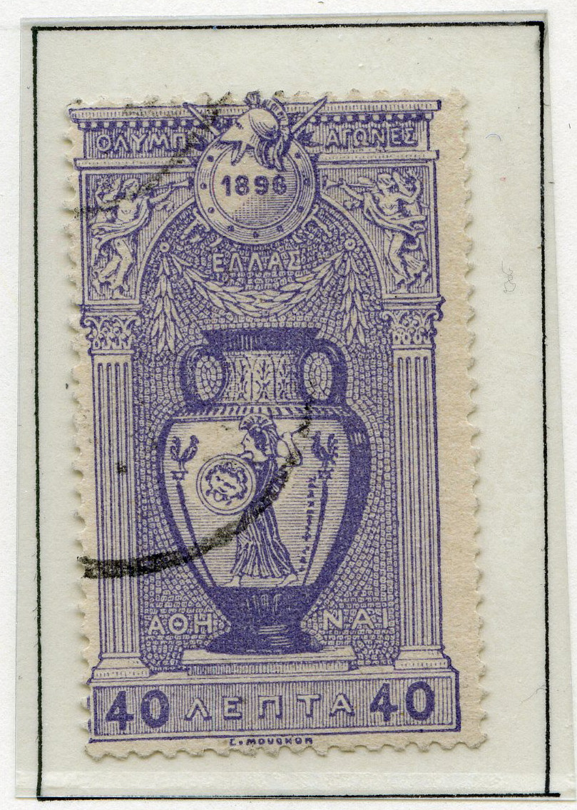 A4 ark av kartong med 12 frimerker med motiv fra de antikke olympiske leker. To av frimerkene er stemplet 30. IAN 1898. Tekst øverst på arket sammen med de olympiske ringer.