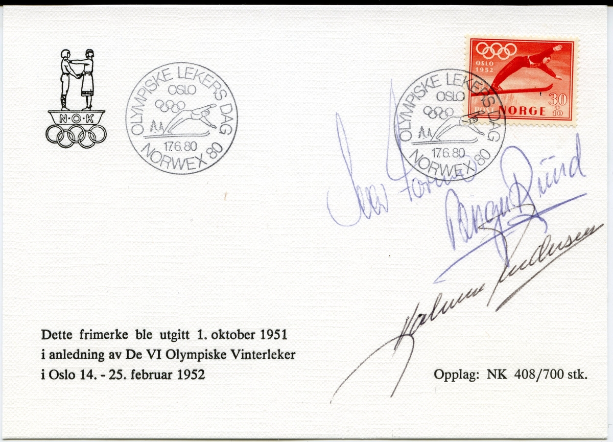 A4-ark med tre konvolutter, frankert med frimerker fra vinter-OL i 1952. Alle konvoluttene er signert av OL-vinnerne Hjalmar Andersen, Ivar Formo og Birger Ruud. Stempelet har tegning av en skihopper og de olympiske ringer.