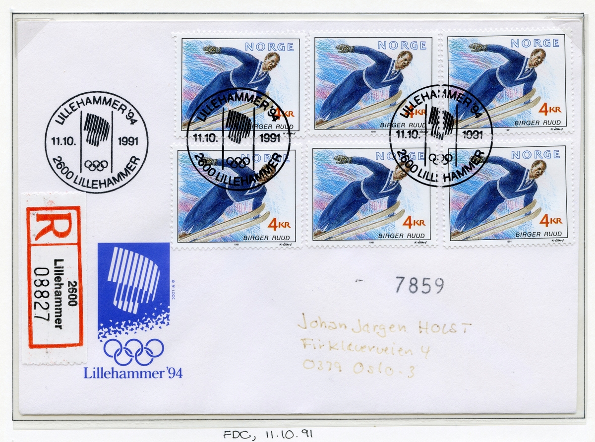 To konvolutter med frimerker fra serien av Norske OL-vinnere og emblemet for LOOC (Lillehammer Olympiske Organisasjonskomité). Den første konvolutten er frankert med seks frimerker med tegning av skihopperen Birger Ruud, mens den andre har seks frimerker med skiløperen Johan Grøttumsbråten. Stemplene har emblemet for Lillehammer '94. Begge konvoluttene har klistremerke for rekommandert sending.
