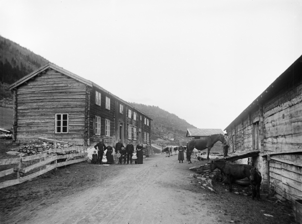 Verma, Kylling gardstun, med personer i tre generasjoner, tjenestefolk, kyr og hester. Våningshuset er flyttet til Romsdalsmuseet i Molde. Søndre Kylling i bakgrunn. Se også MPL-0057.