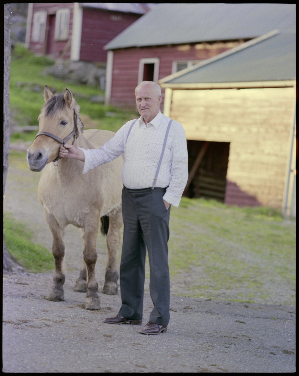 Hans Røkenes står med en hest foran et gårdsbruk.