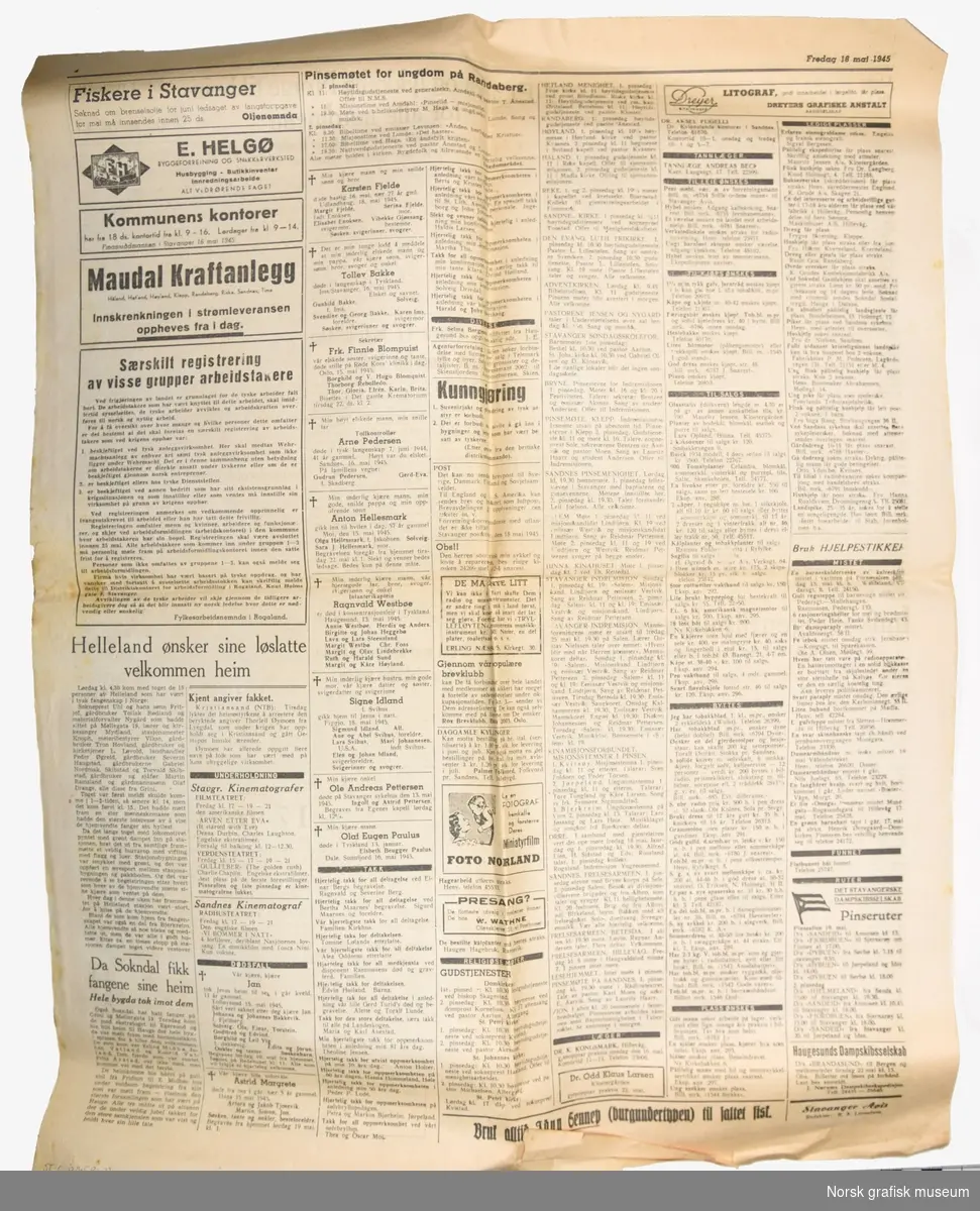 Et eksemplar av Stavanger Avis fra 1945.