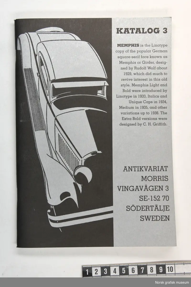Katalog med salgsobjekter fra Antikvariat Morris i Söndertälje, Sverige.