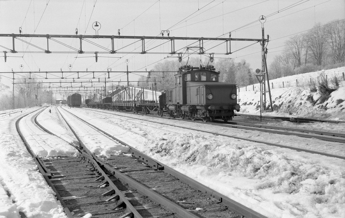 Transport av betongbalk från Strängbetong i Veddige. Statens Järnvägar, SJ Hb-lok med godståg.