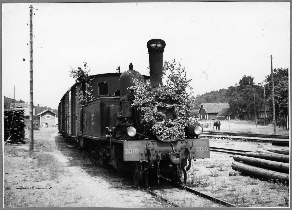 Statens Järnvägar, SJ S5p 3018. Bilden är tagen midsommarafton 1952, och personalen har lövat tåget.
Jfr med bilden JvmKDAJ05790.