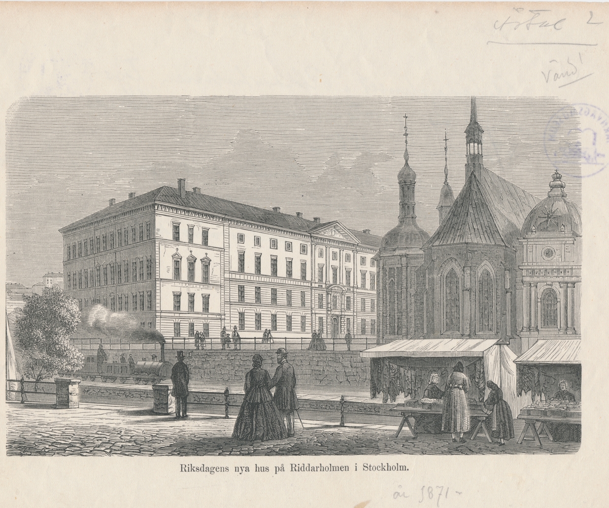 Riksdagens nya hus på Riddarholmen  Stockholm.
Riksdagshuset togs i bruk 1829 av präster-borgare och bondeståndet.
1865 inflyttade även adelsmännen dit.