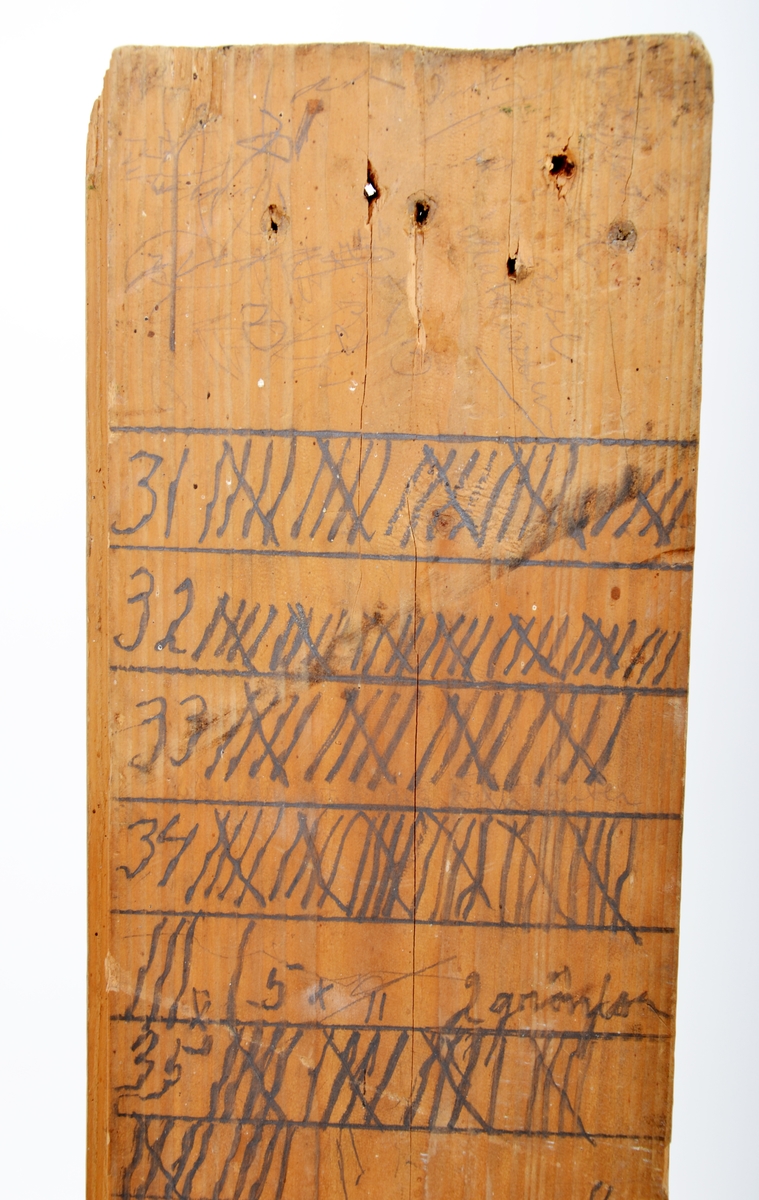 Et gulvbord med opptegnelser over alle lassene med høy som ble kjørt inn på låven på Fjellstad gård hvert år i perioden 1931 - 1958. Gulvbordet var spikret opp på veggen i fjøset/låven. I 1947 ble bordet snudd.