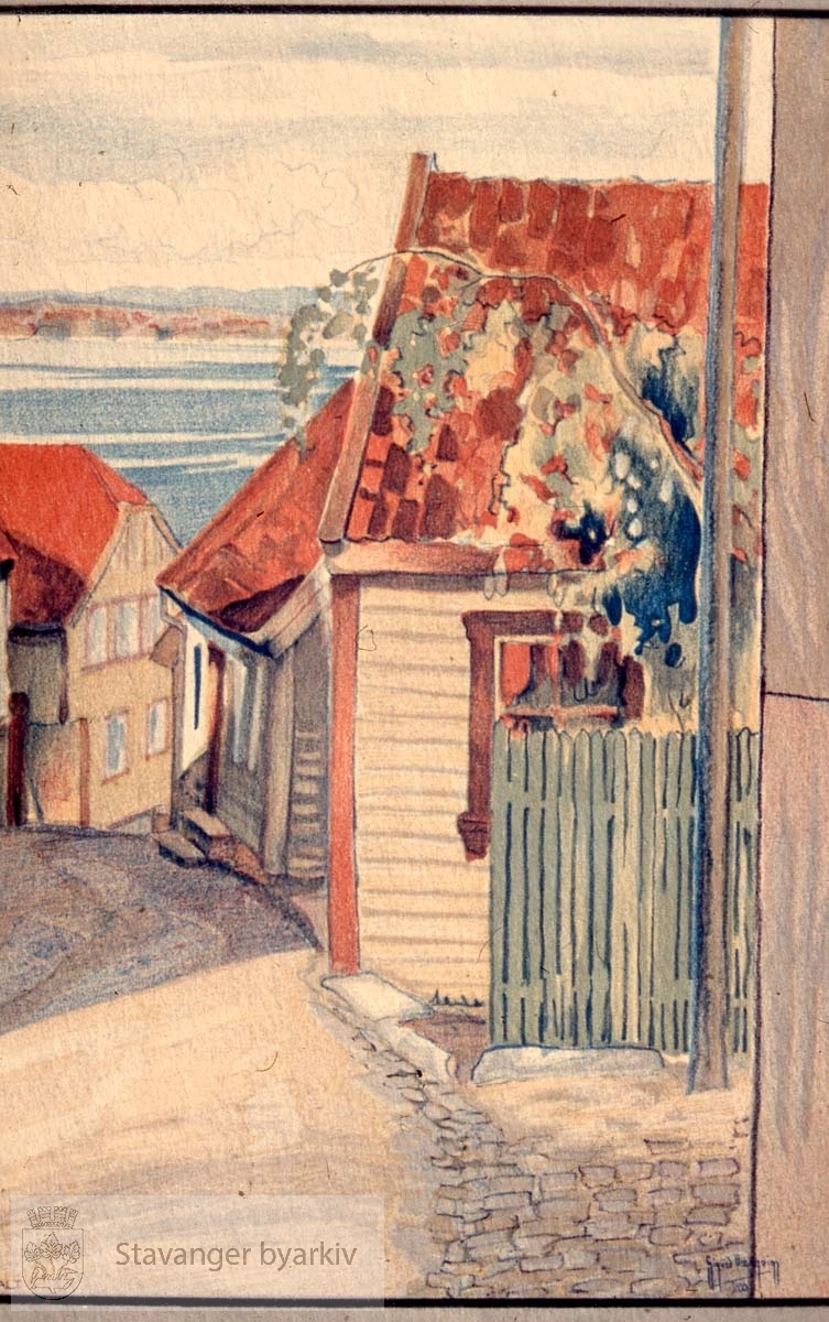 Andabakken.Foto av akvarellreproduksjon.Akvarell av Sigurd Bærgeim