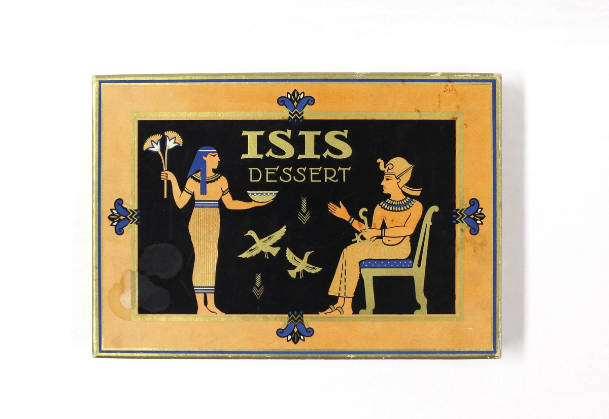 Isis-dessert. Bild på locket föreställande guden Isis som uppvaktas med en skål.