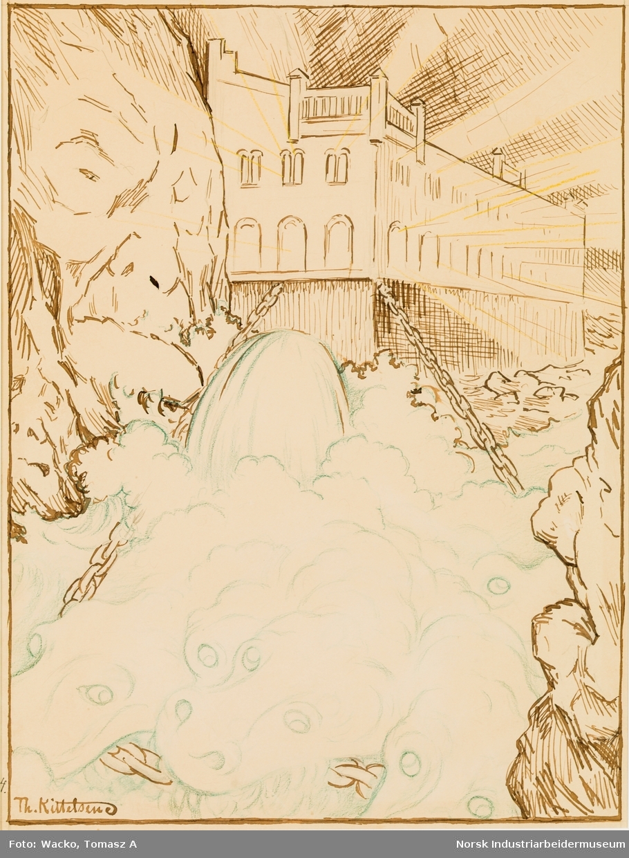 Fem forstudeier og skisser til svelgfos-serien. Motiv fra utbyggingen av kraftverket Svælgfos. Forarbeidet til «Fossen» (1907), «Grunnarbeide» (1907), «Dammen på Kloumann-sjøen» (1908), «Svælgfos» (1907) og «Markens grøde» (1907).