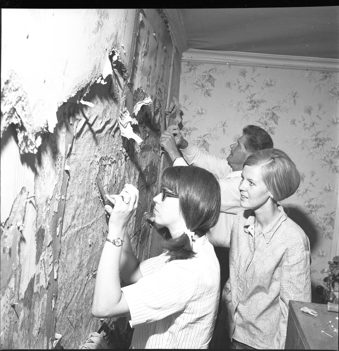 Väggmålning bakom tapet på Brahegatan 81 i Gränna. Antikvarie Margareta Linderoth från Jönköpings läns museum, till vänster, i arbete med att ta fram målning.