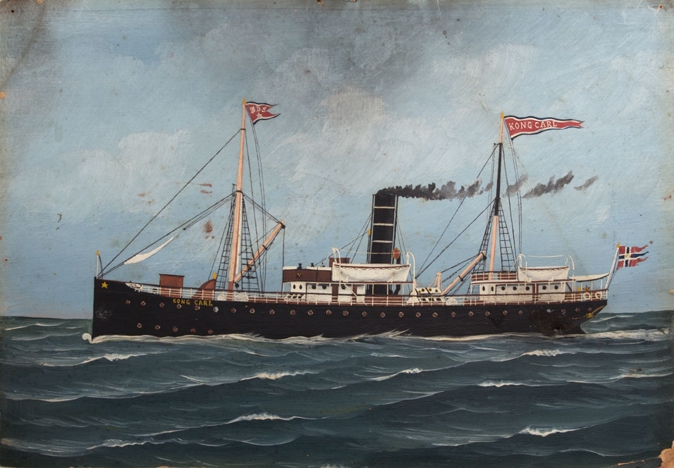 Skipsportrett av DS KONG CARL under fart i åpen sjø. Med rederiflagg til BDS i masten og splittflagg akter.