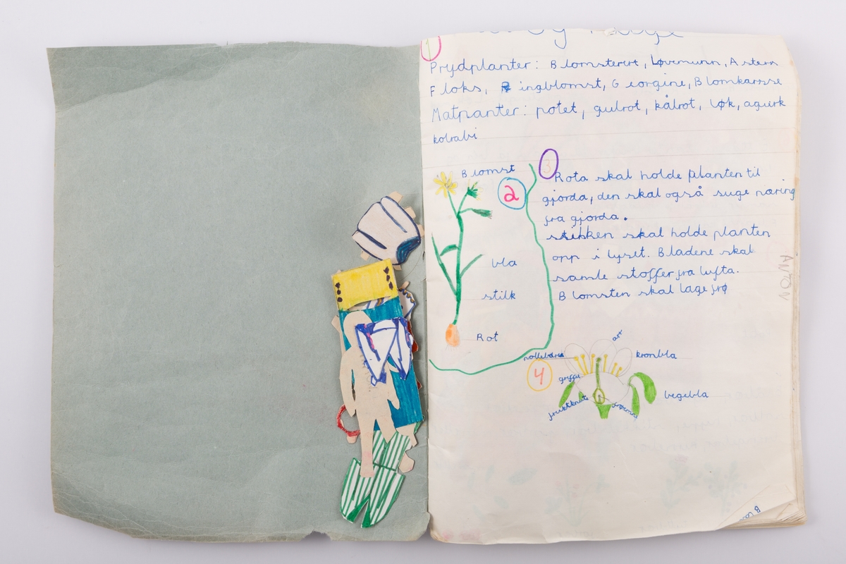 Papirdukker og hjemmelagde papirdukker i mappe laget av ei  gammel skolebok med plasttrekk. Hver dukke ligger i sin lomme merket med navn.