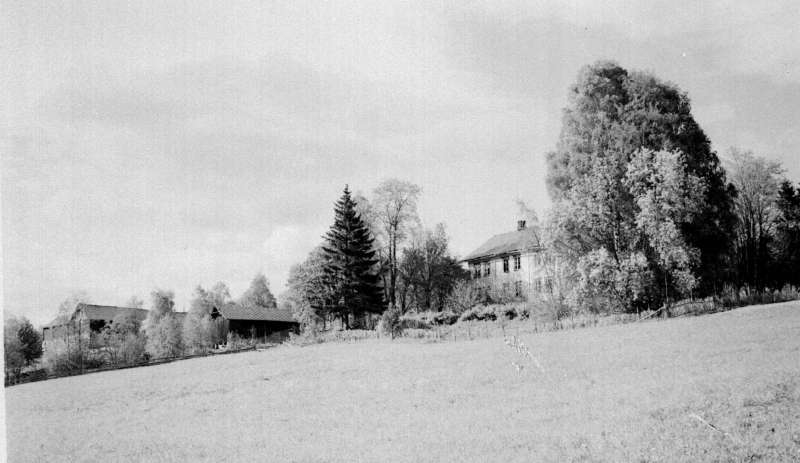 Gausdal. Bjørneng gård. Hvit hovedbygning, Stor driftsbygning. Mye trær.