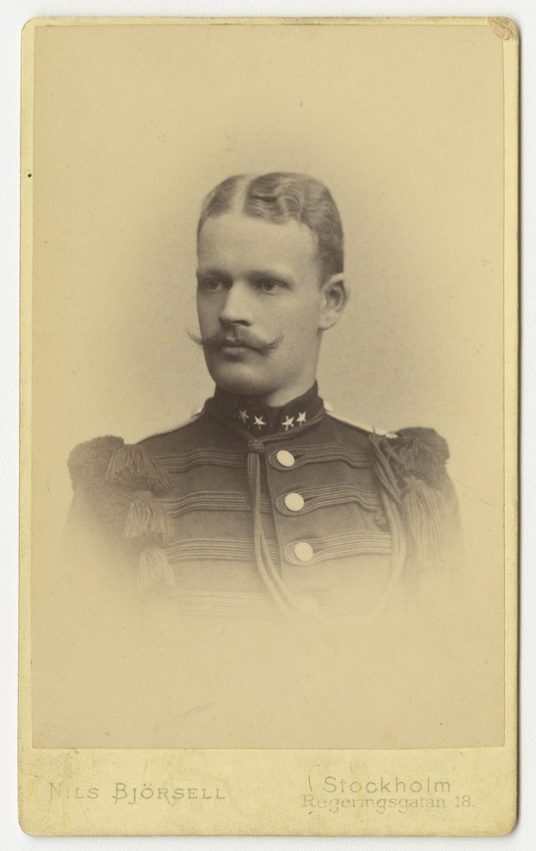 Porträtt av Carl Gustaf Valdemar Hammarskjöld, löjtnant vid Värmlands fäljtjägarkår I 26.

Se även bild AMA.0007480.