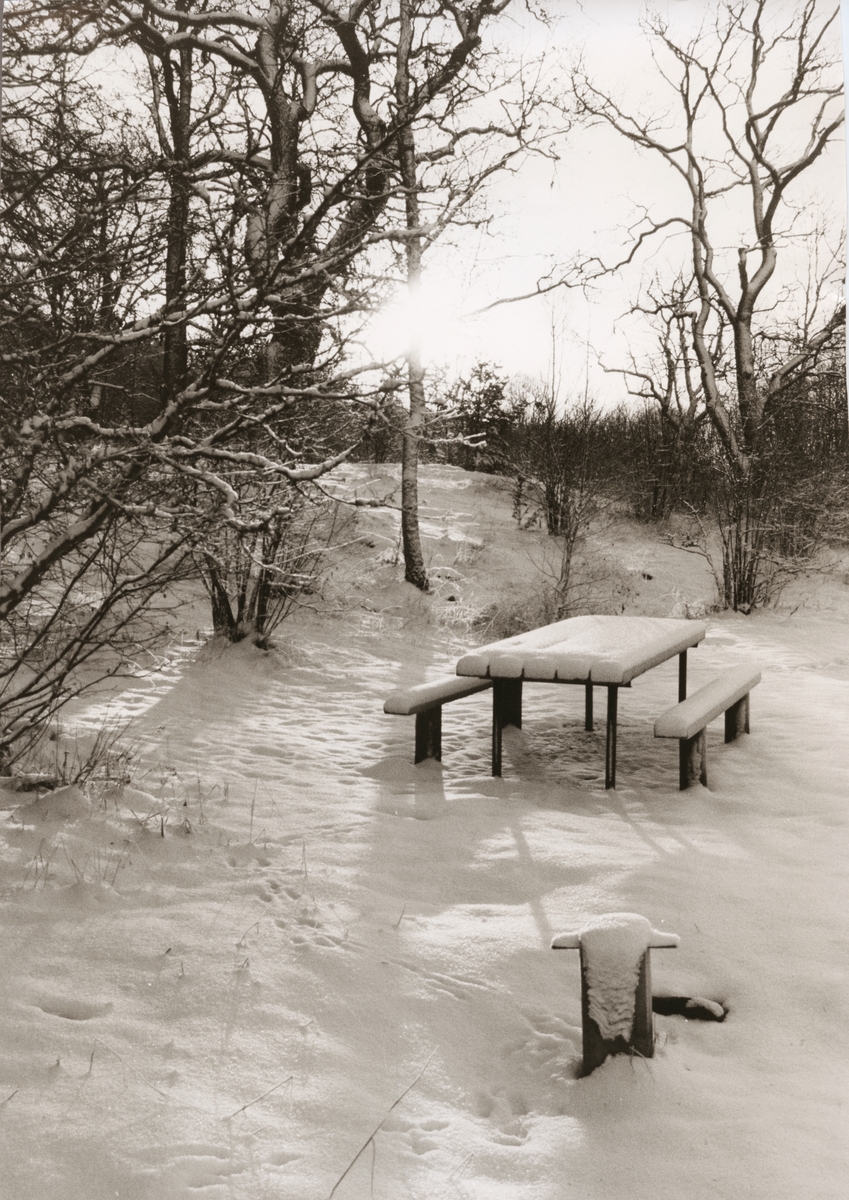 Vinterlandskap med översnöat bord och sittplatser.