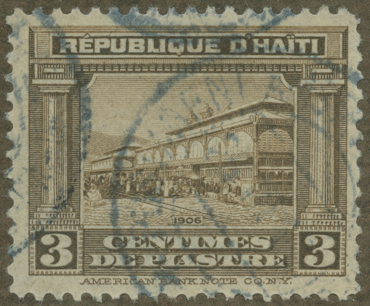 Frimärke ur Gösta Bodmans filatelistiska motivsamling, påbörjad 1950.
Frimärke från Haiti, 1906. Motiv av Marché Iron, Port-au-Price.