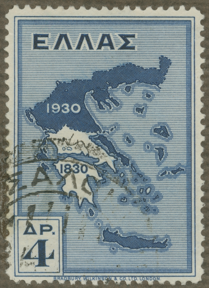 Frimärke ur Gösta Bodmans filatelistiska motivsamling, påbörjad 1950.
Frimärke från Grekland, 1930. Motiv av karta utvisande Grekland 1830 och 1930.