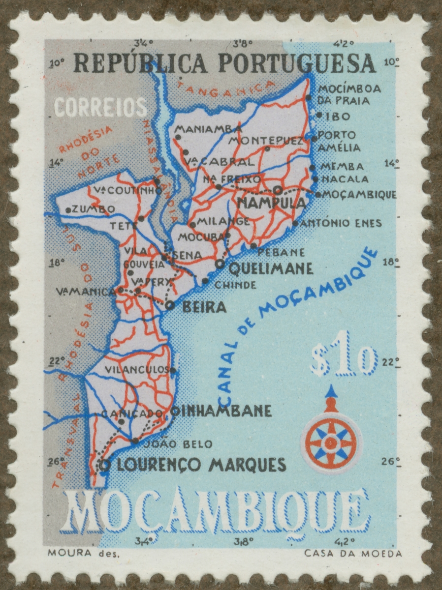 Frimärke ur Gösta Bodmans filatelistiska motivsamling, påbörjad 1950.
Frimärke från Mozambique, 1954. Motiv av karta över Mozambique. "Portugisisk koloni i SÖ Afrika".
