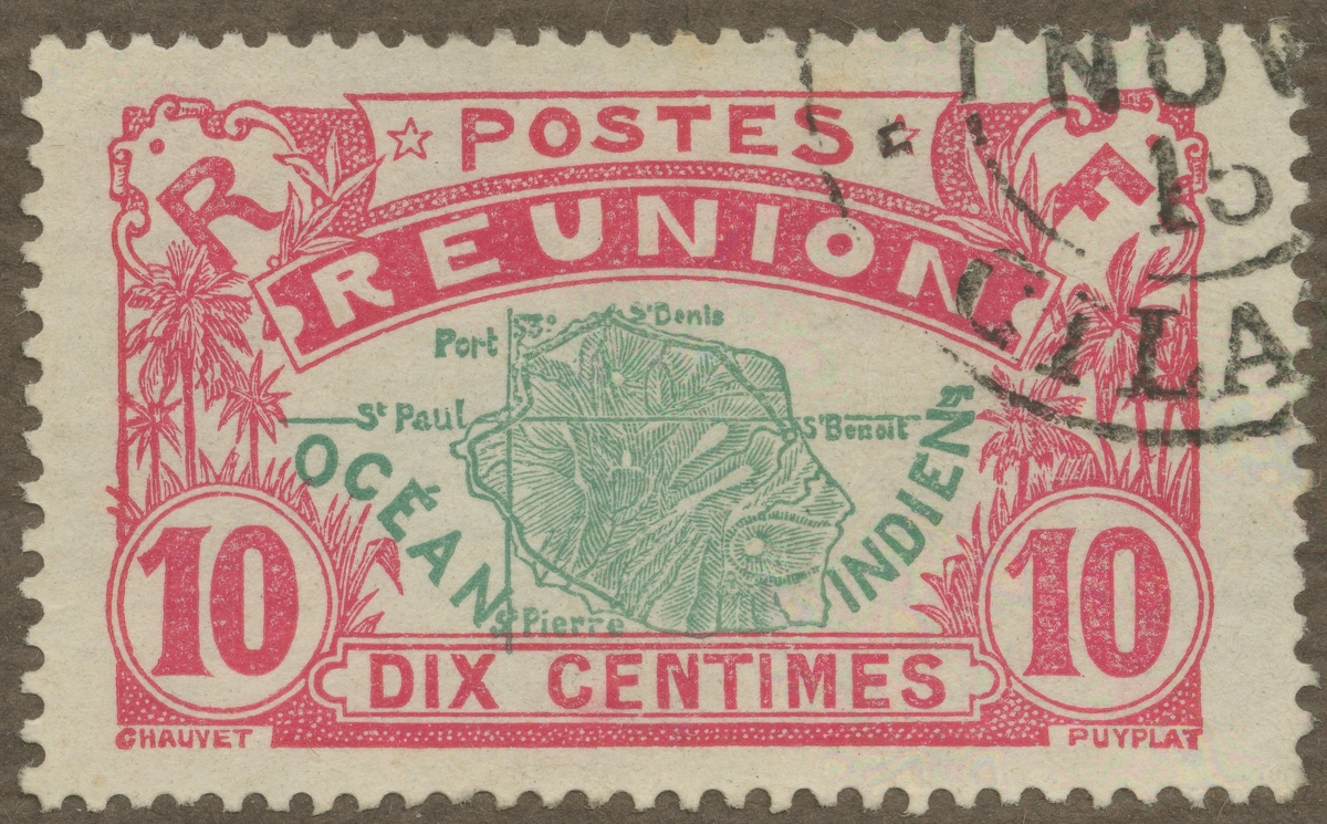 Frimärke ur Gösta Bodmans filatelistiska motivsamling, påbörjad 1950.
Frimärke från Reunion, 1907. Motiv av karta över Reunion.