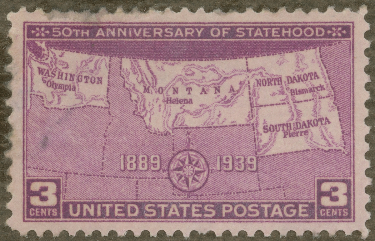 Frimärke ur Gösta Bodmans filatelistiska motivsamling, påbörjad 1950.
Frimärke från USA, 1939. Motiv av karta över staterna North Dakota och South Dakota. "50-år som stater 1889".