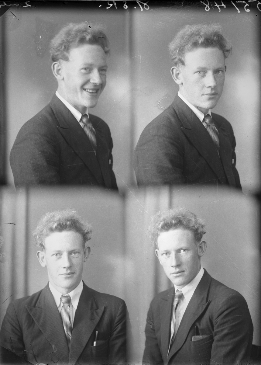 Portrett. Ung mørkblond mann i mørk dress, hvit skjorte og lys stripet slips. Bestillt av Josef. T. Alfsaker. H.S.R.