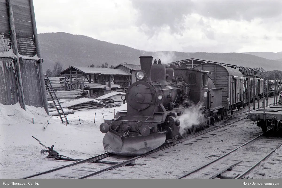 Damplokomotiv type 21b nr. 225 med godstog fra Rødberg til Kongsberg på Flesberg stasjon.